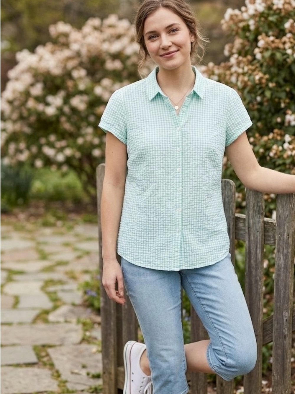 L.L. Bean Seersucker Cotton Shirt – Seafoam Green Gingham – Women's Size L